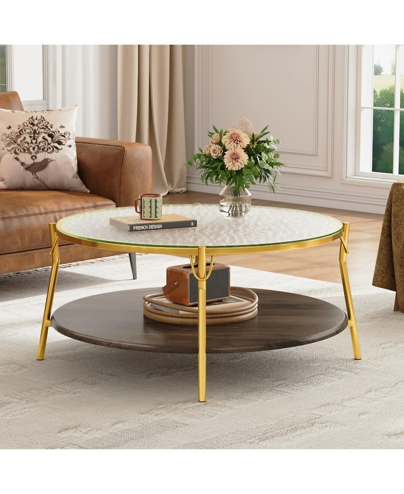 Streamdale Modern Round Walnut Coffee Table with Glass Top & Gold Base