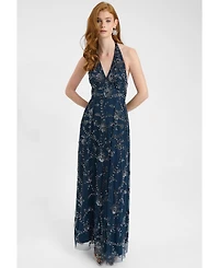 Beauut Women's Embellished Sequin Beaded Maxi Dress With Halter Neck Deep V-Cut