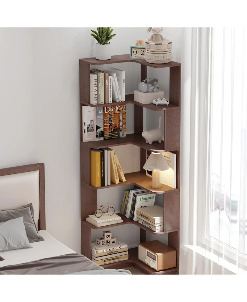 Streamdale Furniture 6 Tier L-Shaped Corner Bookshelf - Wooden Bookcase with Anti-Tip Device