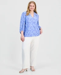 Kasper Plus Burnout Floral V-Neck Blouse
