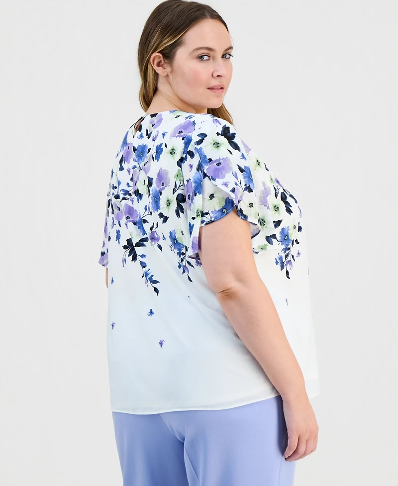 Kasper Plus Placed-Floral Tulip-Sleeve Blouse