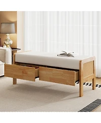 Streamdale Furniture Upholstered Storage Ottoman Bench, Wooden Legs, Oak+Beige