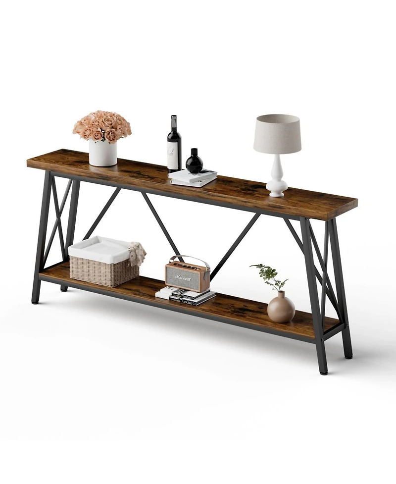 Streamdale 70.9" Extra Long Sofa Table with 2-Tier Storage Shelves, Rustic Brown/Black