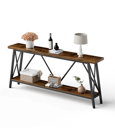 Streamdale 70.9" Extra Long Sofa Table with 2-Tier Storage Shelves, Rustic Brown/Black