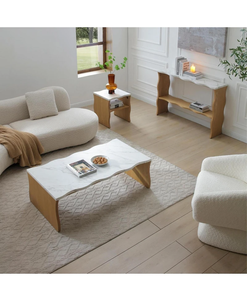 Streamdale Furniture Streamdale Whisper of Waves Modern Coffee Table, White Faux Marble & Solid Wood Base