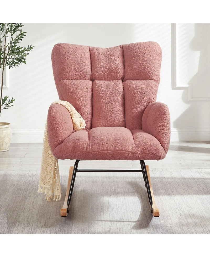 Streamdale Furniture Pink Teddy Fabric Glider Chair with Metal Frame