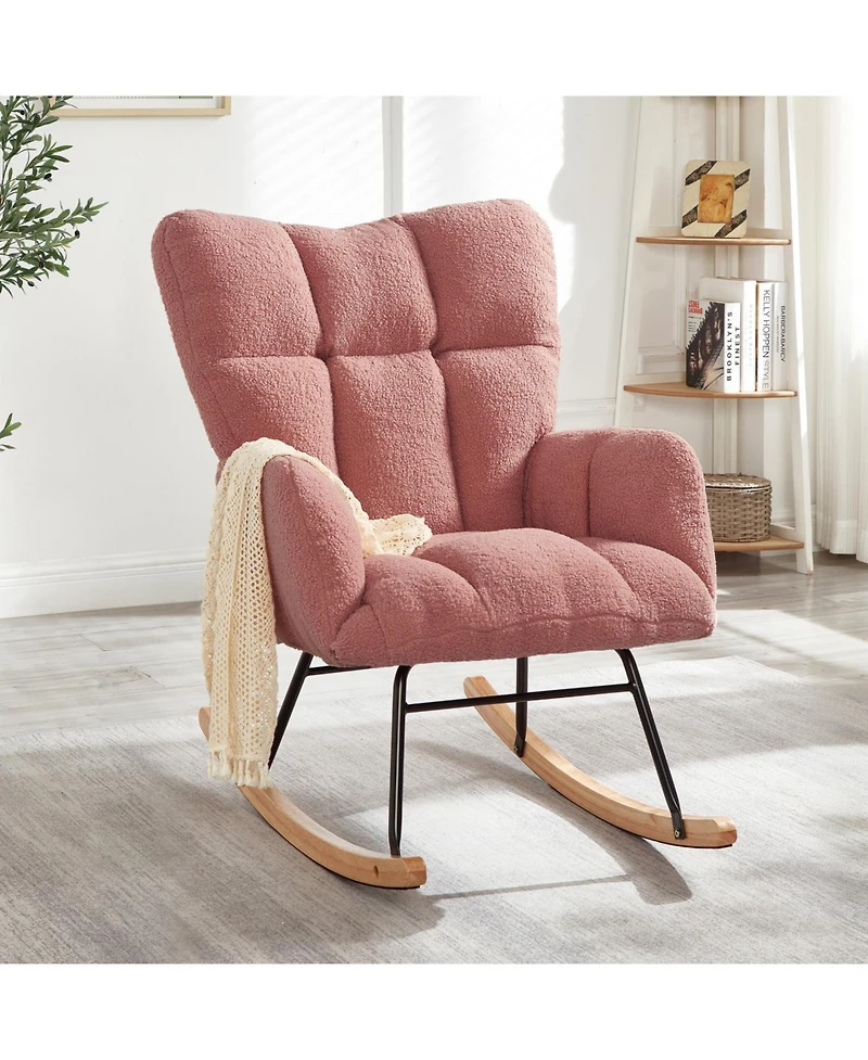 Streamdale Furniture Pink Teddy Fabric Glider Chair with Metal Frame