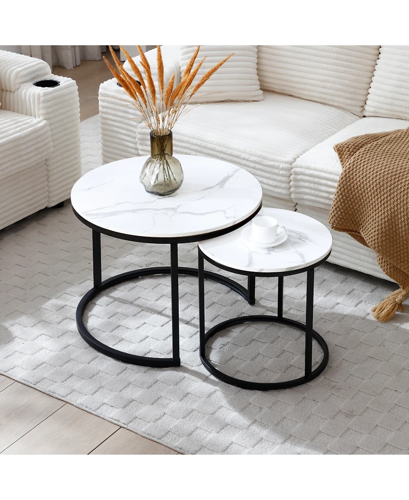 Streamdale Furniture Set of 2 White/Gray Marble Pattern Nesting Coffee Tables with Black Frame