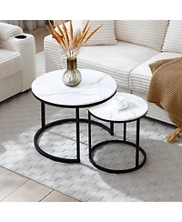 Streamdale Furniture Set of 2 White/Gray Marble Pattern Nesting Coffee Tables with Black Frame