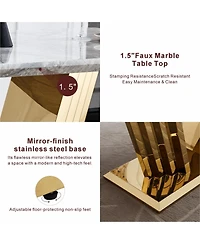 Streamdale Furniture Marble Dining Table for 6, 70" Rectangle Faux Marble w/Mirrored Stainless Steel Base (Gold, Grey)