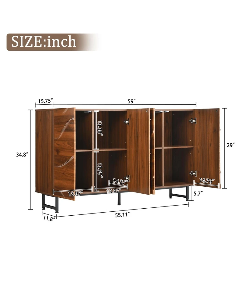 Streamdale Furniture Modern Art Solid Wood Sideboard, 59"W, Wave Relief, Walnut Texture, Iron Legs