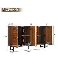 Streamdale Furniture Modern Art Solid Wood Sideboard, 59"W, Wave Relief, Walnut Texture, Iron Legs