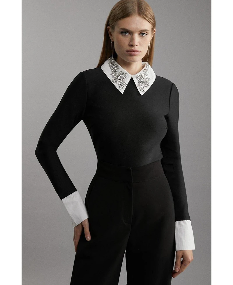 Karen Millen Women's Bandage Embellished Collar Knit Top
