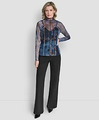 Dkny Women's Long-Sleeve Exposed Seam Mesh Top with Sleeveless Camisole