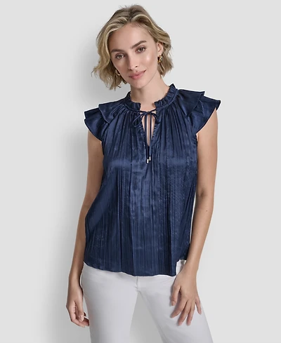 Dkny Women's Short-Sleeve Pleated Tie Front Blouse
