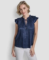 Dkny Women's Short-Sleeve Pleated Tie Front Blouse