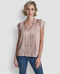 Dkny Women's Short-Sleeve Pleated Tie Front Blouse