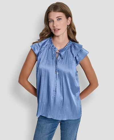 Dkny Women's Short-Sleeve Pleated Tie Front Blouse