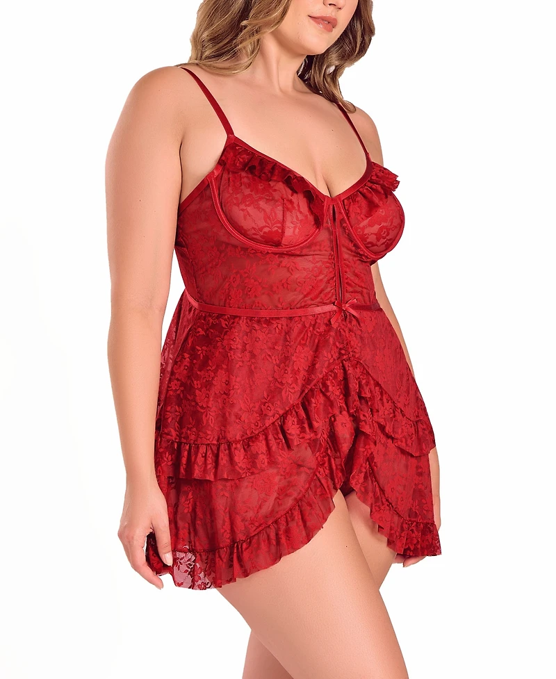 iCollection Plus Multi Ruffled Lace Babydoll Lingerie Set