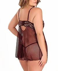 iCollection Plus Lace and Dotted Mesh Babydoll Lingerie Set