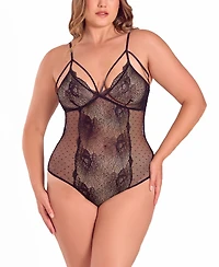iCollection Plus Lace and Dotted Mesh Bodysuit Lingerie
