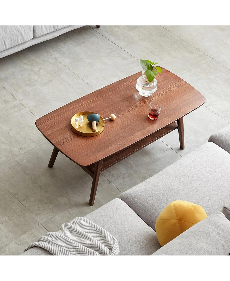 Casainc Solid Oak Wood Coffee Table with Storage Shelf, Walnut Finish