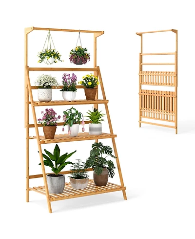 Sugift 3 Tier Bamboo Hanging Plant Stand with Height Adjustable Hanger Rod