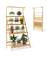 Sugift 3 Tier Bamboo Hanging Plant Stand with Height Adjustable Hanger Rod