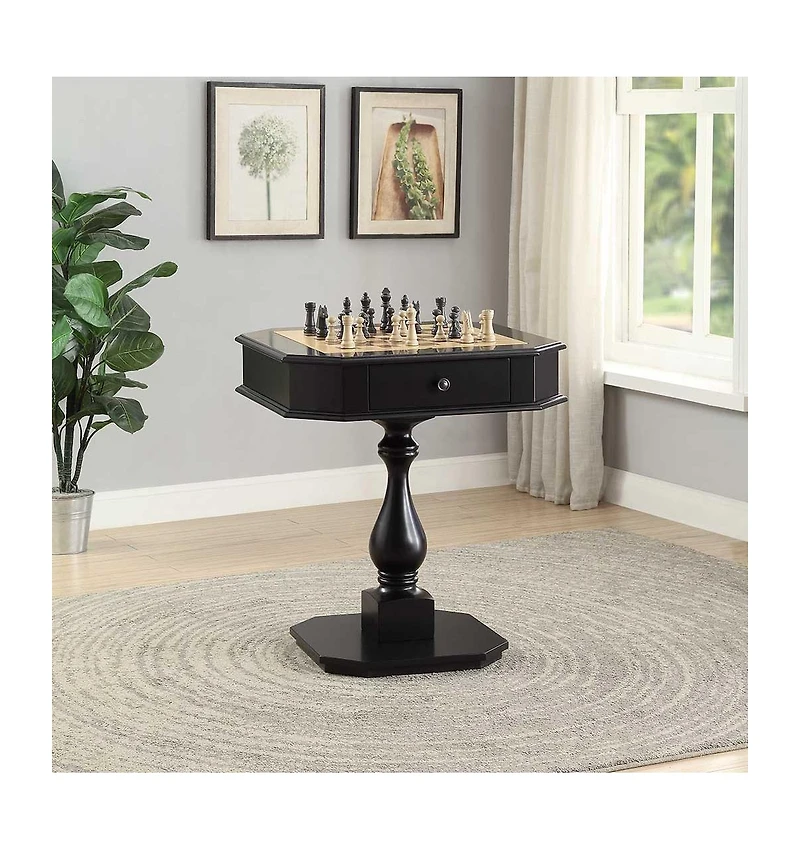 Flynama Black Game Table with Chessboard Top and Two Storage Drawers Sturdy Pedestal Base for Organized Gaming and Display