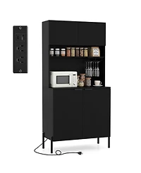 Costway 64.5” Kitchen Pantry Cabinet with Charging Station Wine Glass Rack Adjustable Shelf