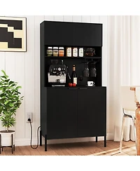 Costway 64.5” Kitchen Pantry Cabinet with Charging Station Wine Glass Rack Adjustable Shelf