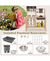 Hongge Outdoor Wooden Mud Kitchen Playset with Sink and Plant Observation Area - Natural