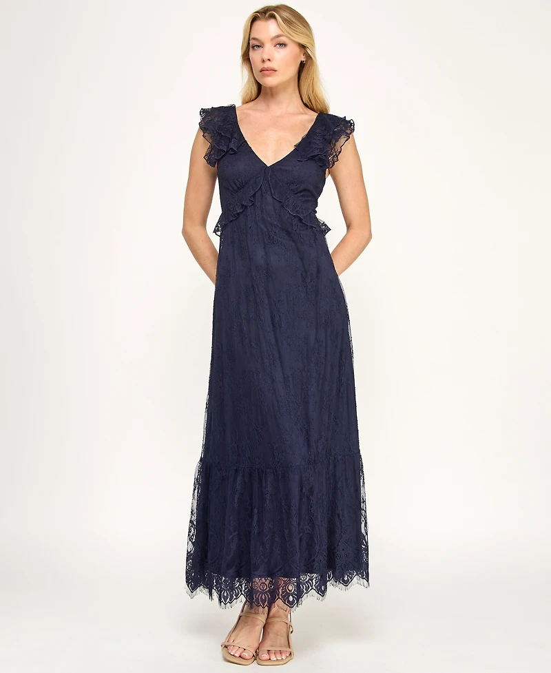 Trixxi Juniors' V-Neck Ruffle Bust Lace Midi Dress