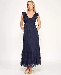 Trixxi Juniors' V-Neck Ruffle Bust Lace Midi Dress