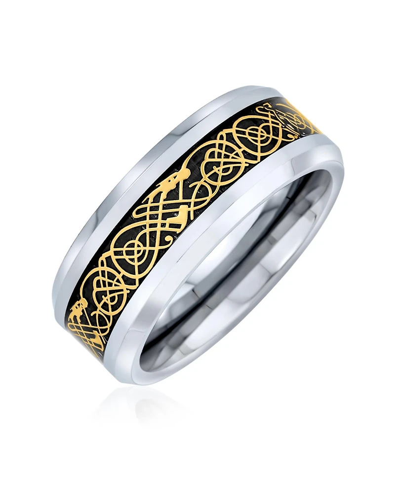 Bling Jewelry Two-Tone Celtic Dragon Knot Carbon Fiber Inlay Band Ring 8MM Titanium