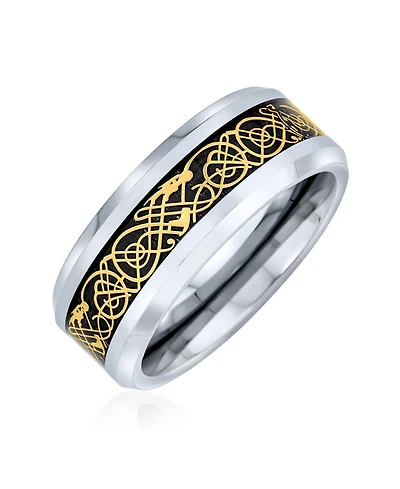 Bling Jewelry Two-Tone Celtic Dragon Knot Carbon Fiber Inlay Band Ring 8MM Titanium