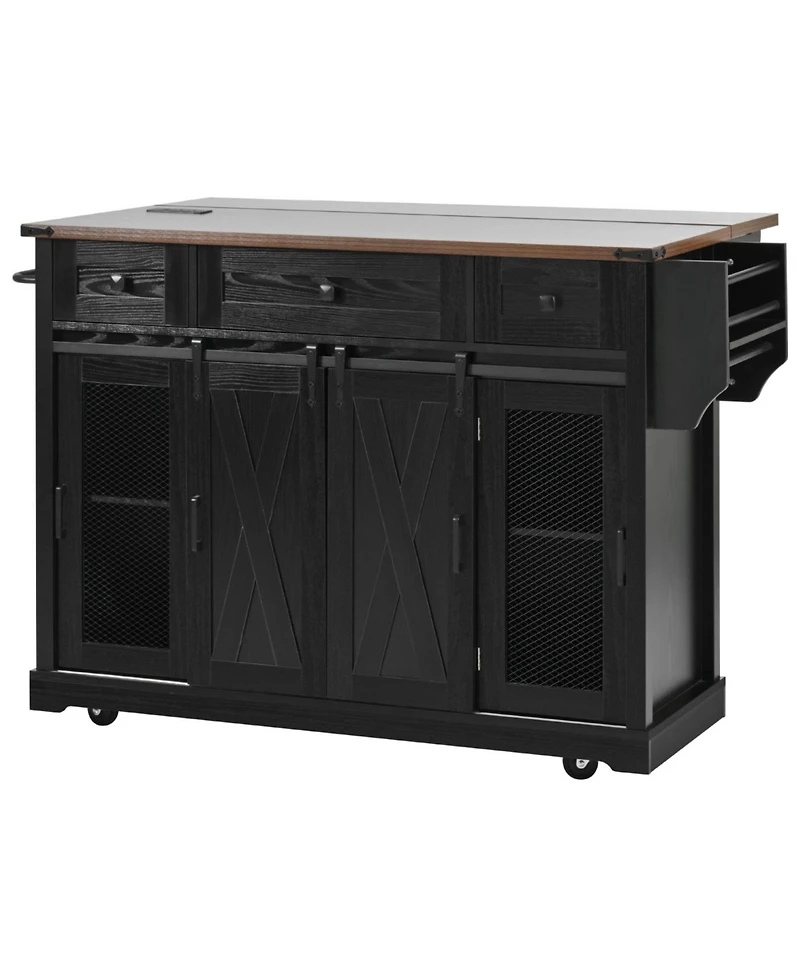 Streamdale 58-Inch Wood Farmhouse Kitchen Island with Storage, Sliding Barn Door, Rolling Wheels