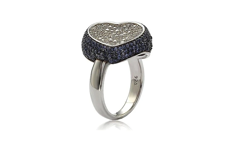 Suzy Levian Sterling Silver Sapphire Pave Puff Heart Ring
