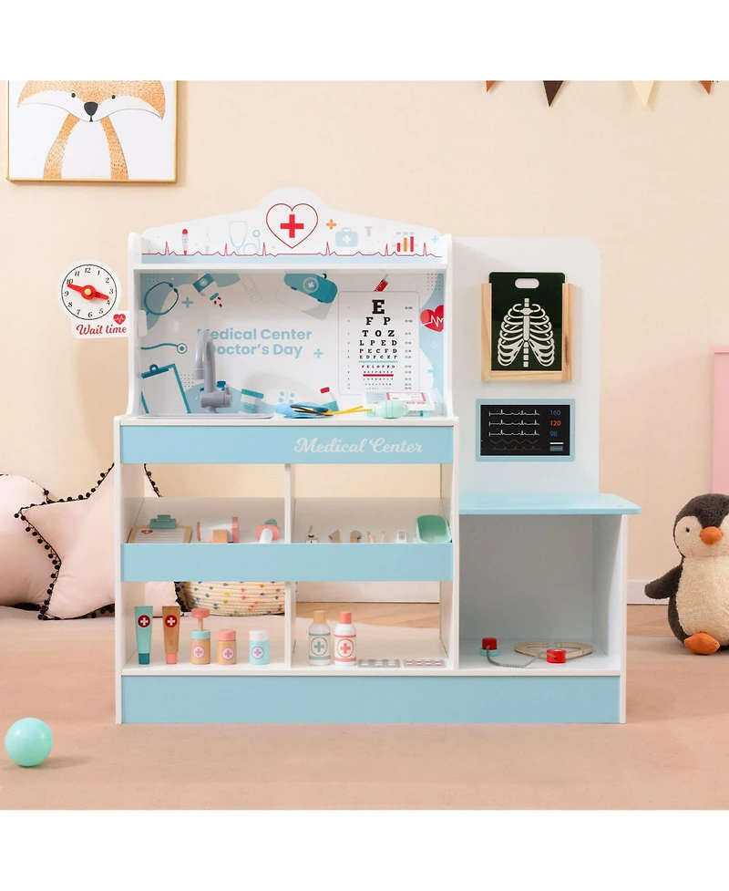 Hongge Wooden Doctor Playset with Stethoscope and Medical Tools for Toddlers Ages 3+ - Blue