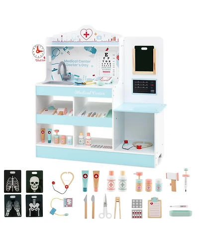 Hongge Wooden Doctor Playset with Stethoscope and Medical Tools for Toddlers Ages 3+ - Blue