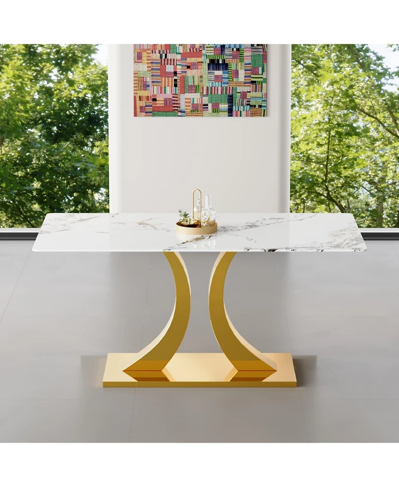 Streamdale Furniture Streamdale Transformable Stainless Steel Gold Base Dining Table, 63"x35", White Glass Top