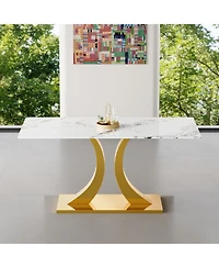 Streamdale Furniture Streamdale Transformable Stainless Steel Gold Base Dining Table, 63"x35", White Glass Top