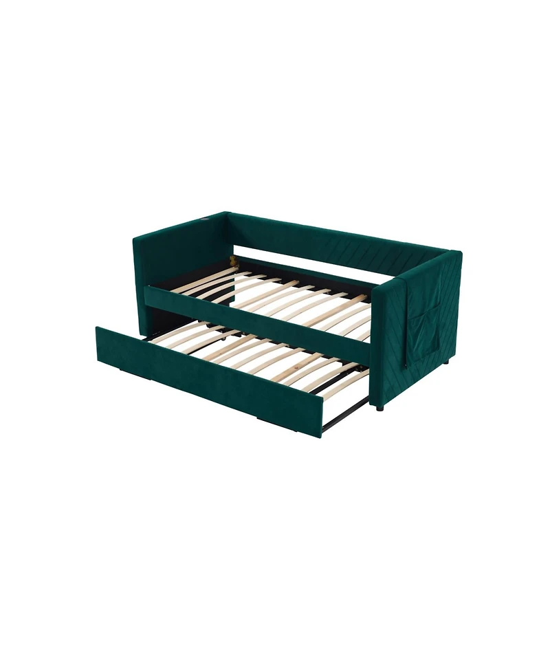 Streamdale Furniture Streamdale Twin Upholstered Daybed with Trundle, Usb, Side Pockets, Emerald