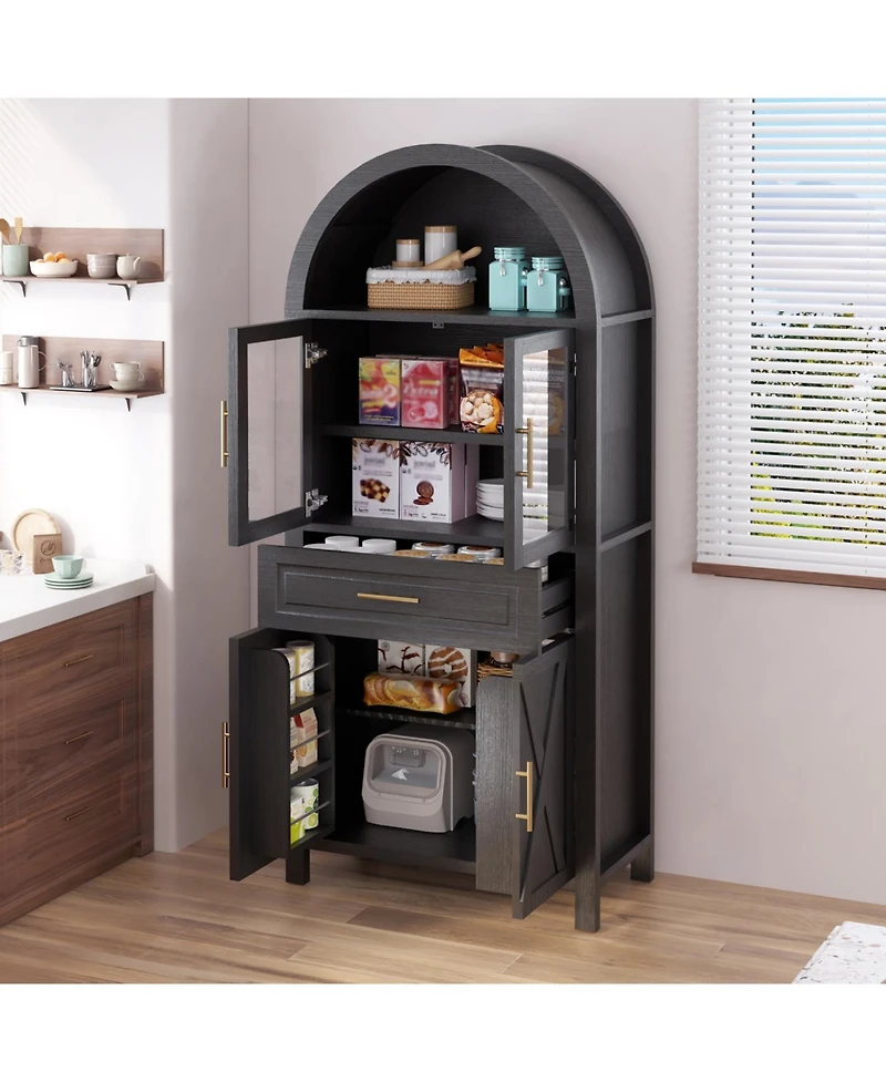 Streamdale Furniture Streamdale 71" Arched Kitchen Pantry Cabinet with Glass Door, Black