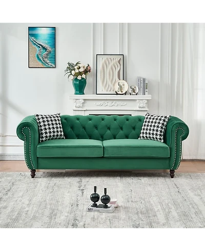 Streamdale Furniture Chesterfield Velvet Sofa with Roll Armrest & Nailhead, Green
