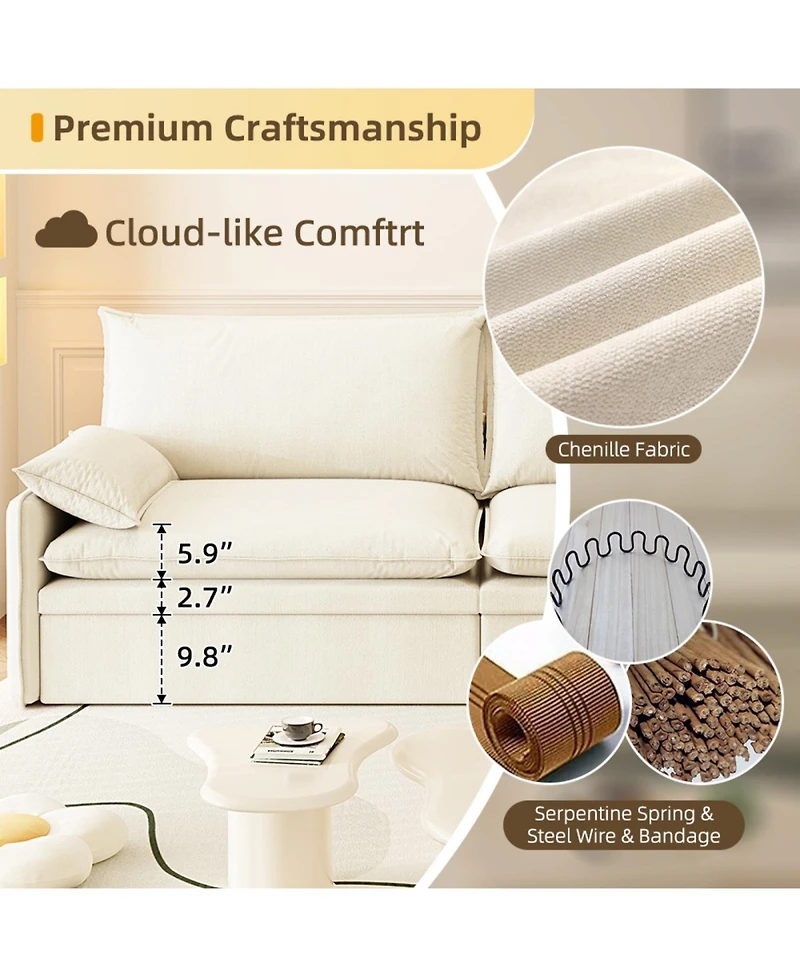 Streamdale 4-Seat Chenille Convertible Sleeper Sofa with Storage, Usb & 2-in-1 Pillow - Beige/White