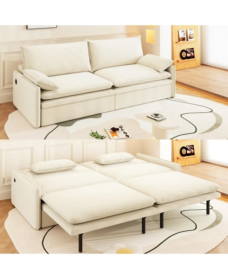 Streamdale 4-Seat Chenille Convertible Sleeper Sofa with Storage, Usb & 2-in-1 Pillow - Beige/White
