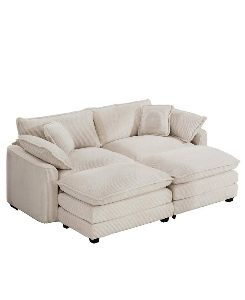 Streamdale Furniture Corduroy Two-Seater Sofa with 2 Footrests/Ottoman, Light Beige