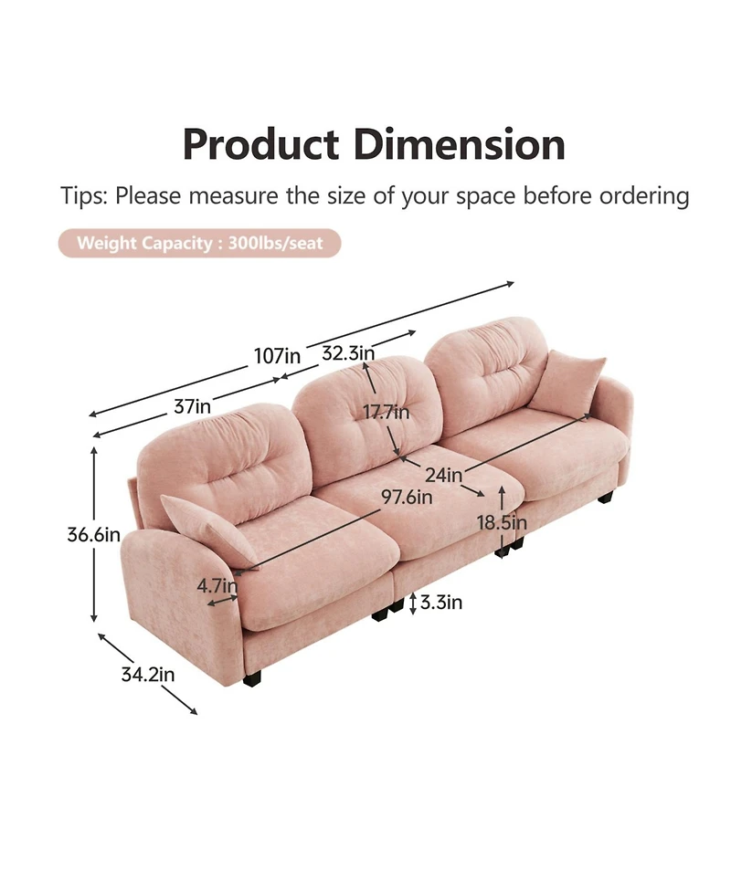Streamdale Furniture Three-Seater Modular Sectional Couch, Soft Chenille, Pink