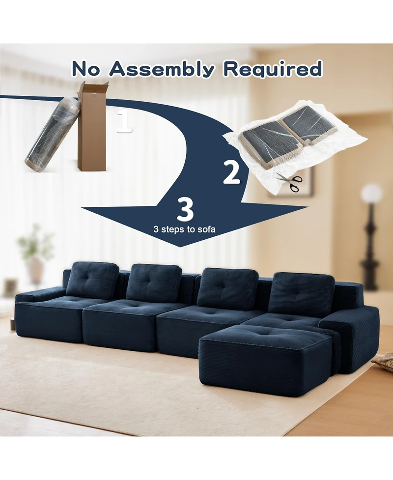 Streamdale Furniture Streamdale Modern L-Shaped Corduroy Sectional Sofa with Movable Ottoman, Blue